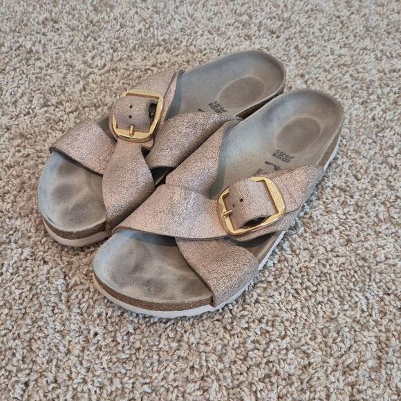 Birkenstock Siena Big Buckle Metallic Rose Gold Leather Sandals 38 US 7 - Picture 1 of 5